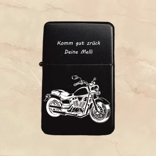 Sturmfeuerzeug mit gravur schwarz Set bild foto personalisierbar individuell personalisiert Motorrad